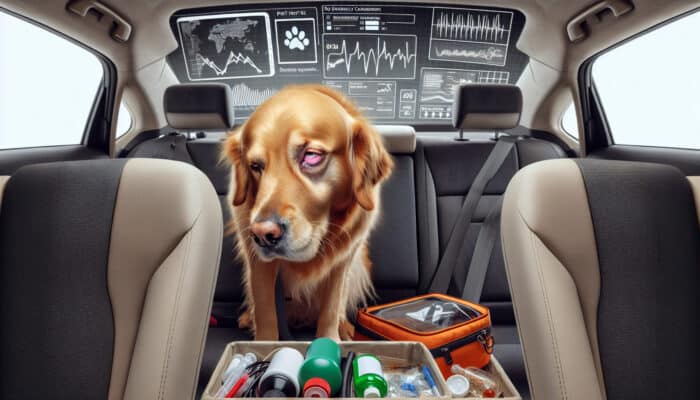 A drowsy golden retriever in a moving car, eyes half-closed from sedatives, showing unsteady coordination; concerned owner monitors and prepares an emergency kit.