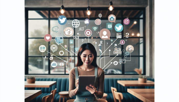 A small business owner in a cozy cafe manages social media on a tablet, with Twitter and Instagram icons, rising graphs, and growing customer lines.