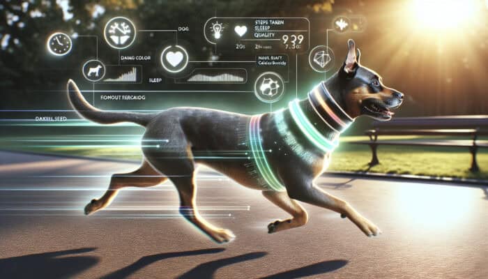 Wearable Fitness Trackers for Pets: A sleek dog wearing a fitness tracker runs in a sunny park, with holographic displays showing steps, sleep quality, and calories burned.