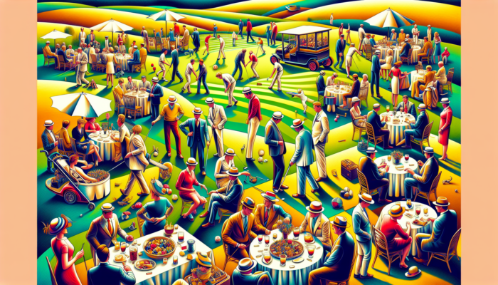 Affluent members in elegant attire network at an outdoor tournament at Glenvista Country Club, enjoying gourmet dining on manicured lawns.