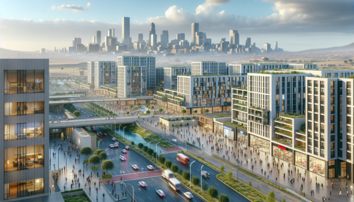 Vibrant Benoni urban scene with modern apartments, bustling streets, commuting professionals, new transport links, and shopping centers near Johannesburg skyline.