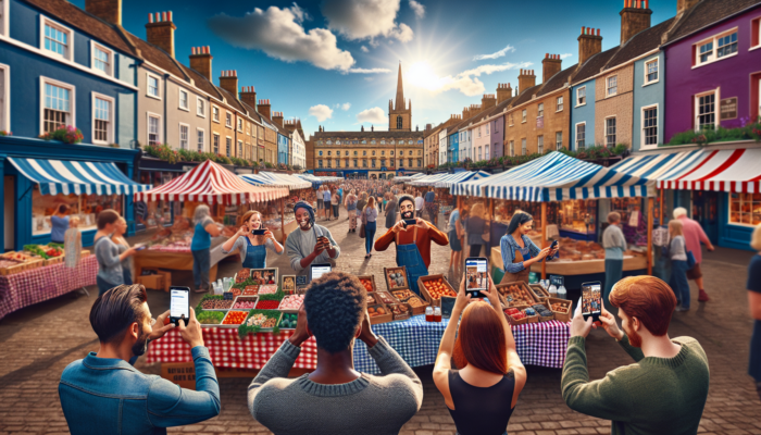 Lively market square in Midsomer Norton featuring historic Georgian architecture, colourful stalls, and marketers capturing Instagram moments under a sunny sky.