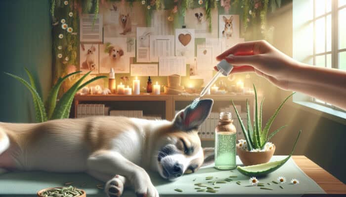 A gentle hand applies natural ear solution to a calm dog's ear in a serene veterinary clinic, surrounded by green herbs and warm light.