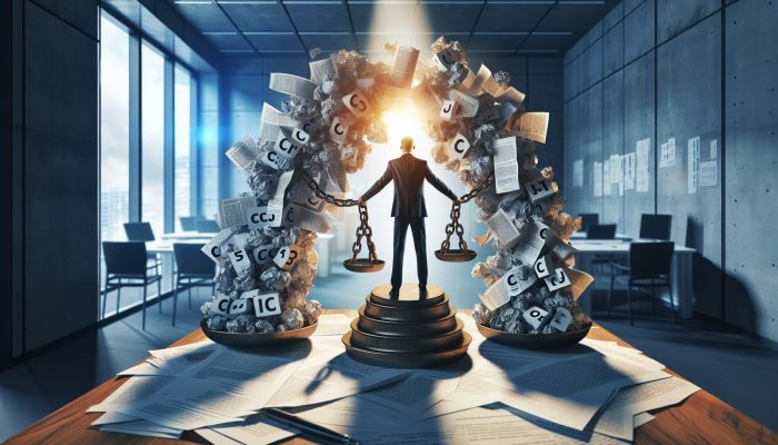 Person in a modern office breaking free from chains of crumpled CCJ documents, symbolising debt consolidation, with a beam of light on a balanced financial scale.