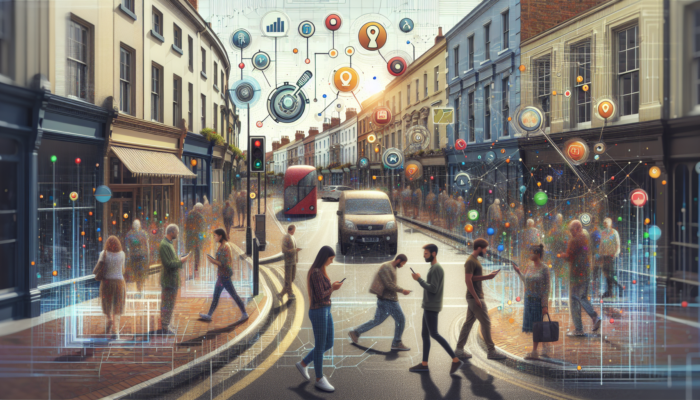 Local SEO in Yeovil for Small Business: Vibrant Yeovil street scene with diverse locals using smartphones to search businesses, overlaid with search engine icons, maps, and SEO algorithms.