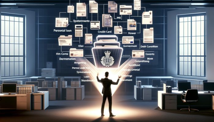 Government Help for Debt Consolidation Explained | DCL A determined person in a modern UK office merges stacks of loan papers, credit card statements, and tax forms into a glowing folder under a government aid emblem.