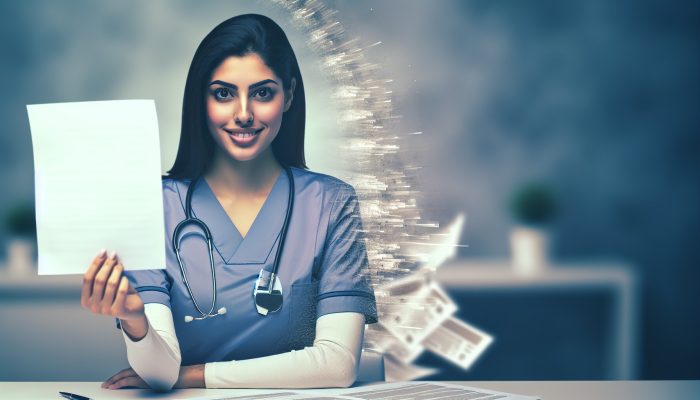 Debt Consolidation for NHS and Public Sector Staff | DCL Smiling NHS nurse in scrubs holds loan document at desk, as credit card bills fade, symbolising financial relief.