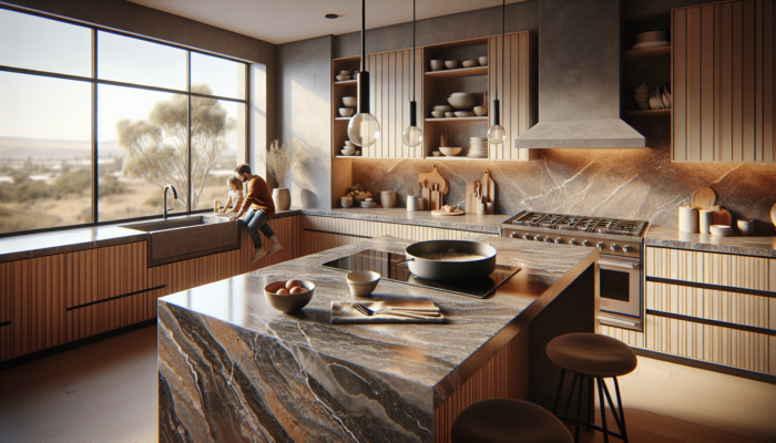 A modern South African kitchen in Welkom featuring durable granite countertops, grey and black veins, warm wooden cabinets, and family cooking scenes.