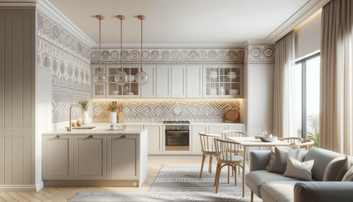 Modern kitchen showcasing soft white walls, beige accents, light grey cabinets, and bold South African patterned wallpaper.