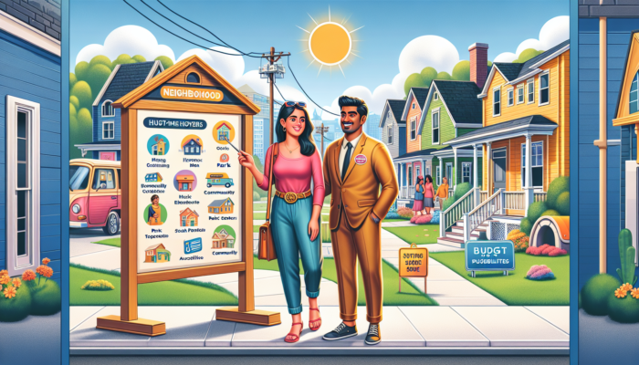 Excited diverse couple tours a cozy home in a vibrant neighborhood with shops, parks, and public transport under a sunny sky.