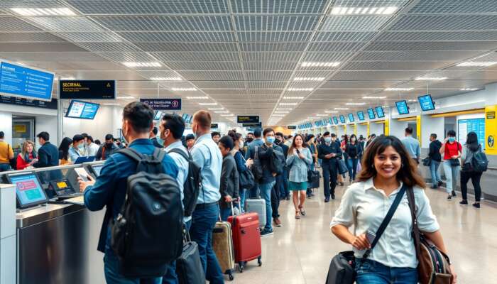 International airport hall with two queues: stern guards checking passports and biometrics for tense travellers, while smiling passengers breeze through security.