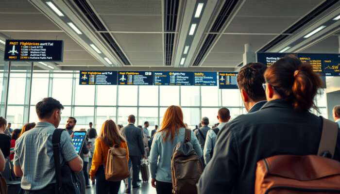 A bustling airport lounge with diverse travelers checking flight prices and schedules on digital screens, amid news headlines on global stability.