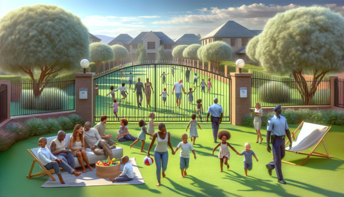 Children playing on lush green lawns in a secured estate, with parents relaxing and security guards patrolling nearby.