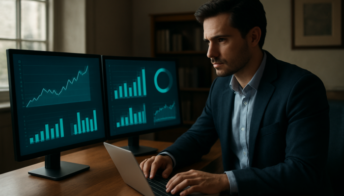 Business owner analysing digital dashboards showing website traffic, social media metrics, and conversion rates from their Cirencester office.