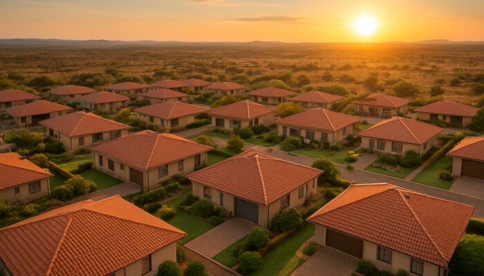 Aerial view of modern houses in Postmasburg, South Africa, with terracotta roofs and golden sunset.