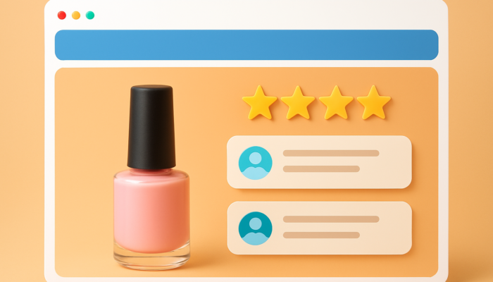 Vibrant e-commerce page for Nailsea business: central product image with prominent star ratings and enthusiastic customer reviews.