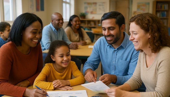 Diverse families in a UK community centre, sharing financial literacy ideas with warm smiles.