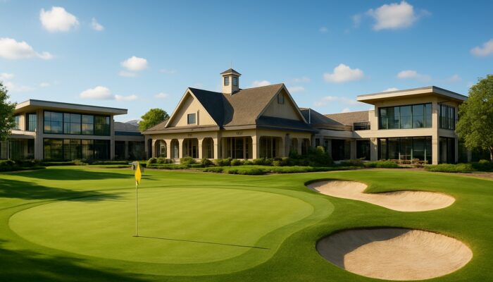 Pristine golf greens at a modern country club with fitness centres and elegant clubhouse under sunny skies.