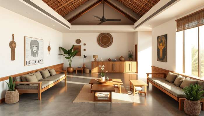 Modern boutique hotel lobby showcasing minimalist design, sustainable wooden furniture, indigenous crafts, and local artwork illuminated by natural light.