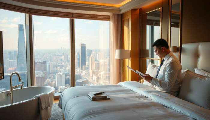 A hotel inspector assesses crisp linens and gleaming fixtures in a luxurious five-star suite, holding a checklist with a city view bathed in golden light.