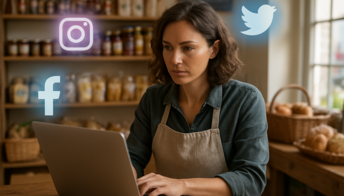 A small business owner in Blandford engaging with social media on a laptop, featuring icons for Instagram, Facebook, and Twitter.