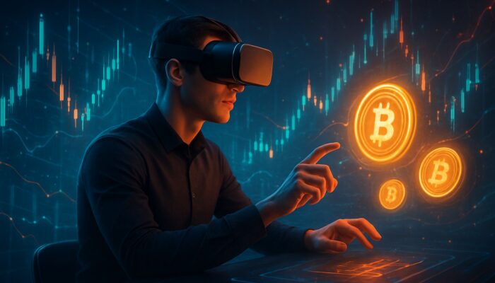 Focused trader in VR headset viewing holographic crypto charts and digital coins.