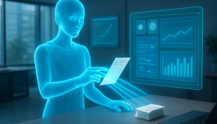 Holographic AI assistant scanning receipts and displaying real-time financial charts in modern office.