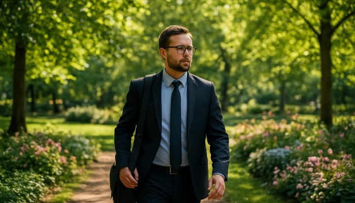 Busy professional walking in a lush UK urban park with trees, flowers, and sunlight filtering through leaves.