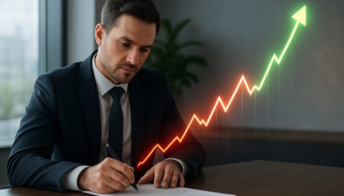 Financial advisor signing loan document, graphs transforming from red to green for debt management.