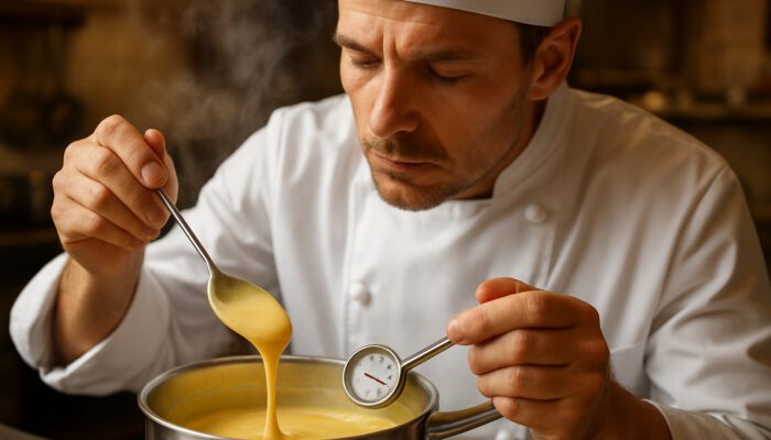 Chef stirring golden custard in a saucepan, monitoring a thermometer reading 82°C as steam rises.
