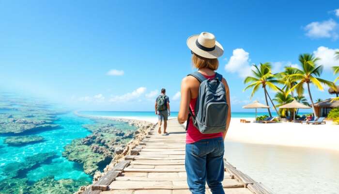 A traveller at a crossroads: one path leads to scuba diving in turquoise waters with coral reefs, the other to yoga on a sun-kissed beach with palm trees.