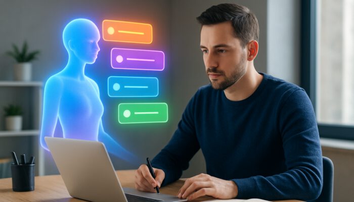 Holographic virtual assistant projecting colourful, prioritised task notifications around focused user in a modern workspace.