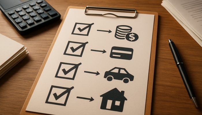 Wooden desk checklist for merging debts featuring icons, calculator, and paperwork