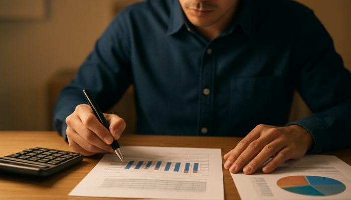 Individual reviewing income statements for debt consolidation affordability assessment using a calculator and charts