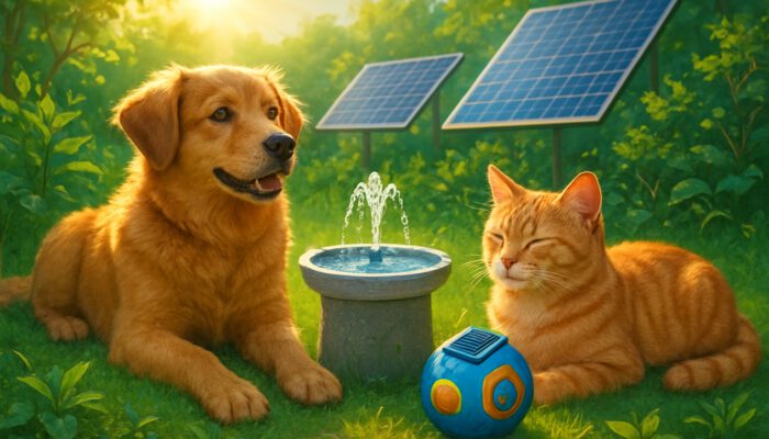Dog and cat enjoying solar-powered pet gadgets in a sunny eco-friendly garden with solar panels.