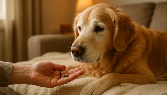 Elderly golden retriever receiving treat from owner on cozy blanket in warm home setting.