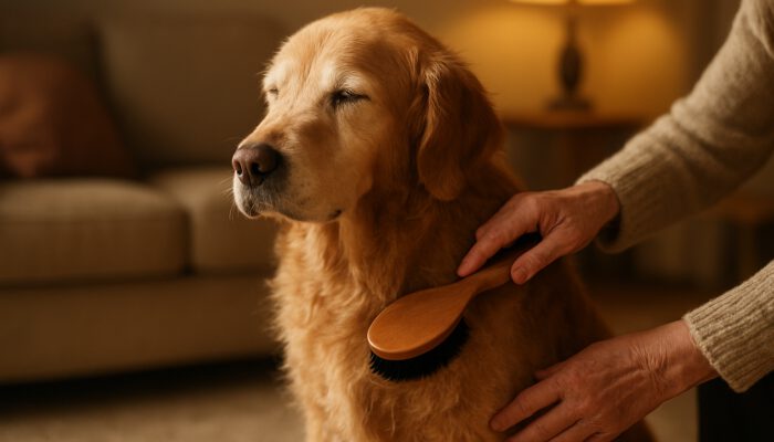 Elderly golden retriever with dry patchy fur gently brushed by owner in cozy home