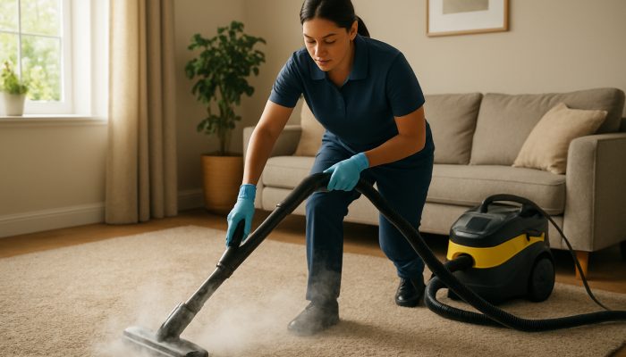 Professional cleaner vacuuming and steam cleaning carpets in a sunlit UK home.