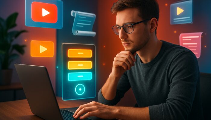 Young creator evaluating attractive pricing tiers and YouTube thumbnails on a laptop in a vibrant studio