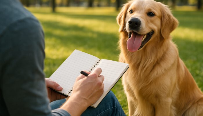 Owner logs golden retriever's exercise in notebook at sunny park while dog pants eagerly.