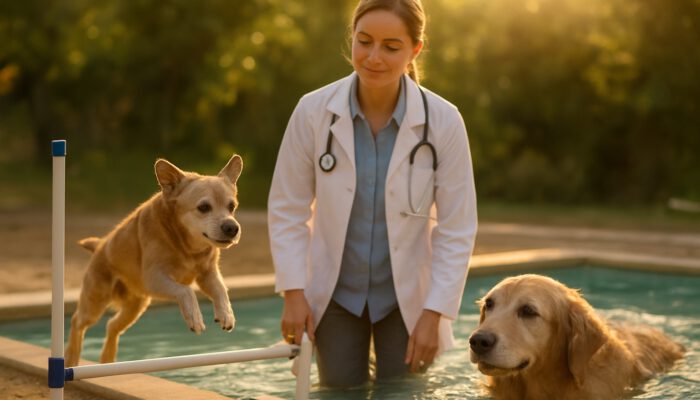 Veterinarian supervises senior small dog on low agility hurdles and large dog swimming in therapy pool