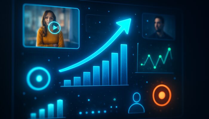 Vibrant digital dashboard showcasing live video ads alongside real-time global engagement metrics.