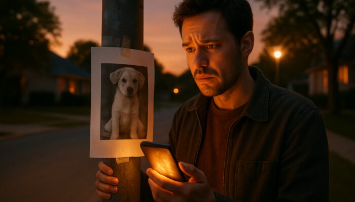 Concerned owner posts lost-pet flyers on lamppost while viewing viral social media alerts on smartphone at dusk.