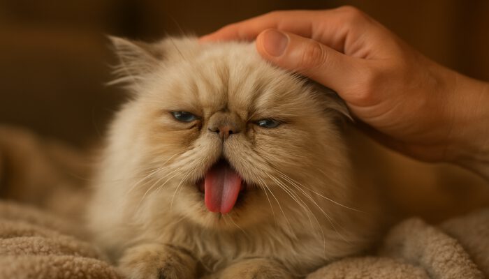 Persian cat panting with laboured breaths, comforted by hand on cosy blanket