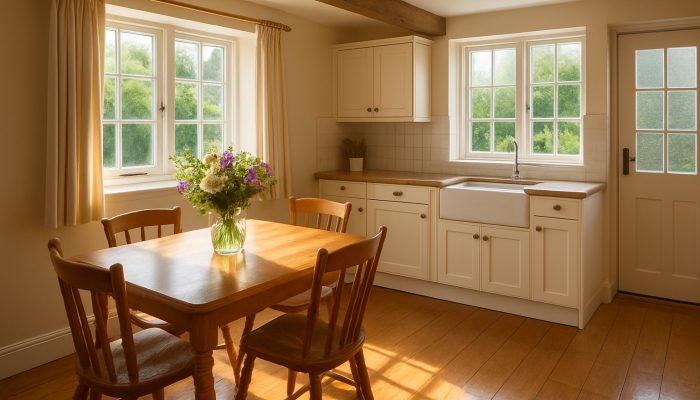 Sparkling Yeovil cottage kitchen after professional cleaning, featuring fresh flowers on the table