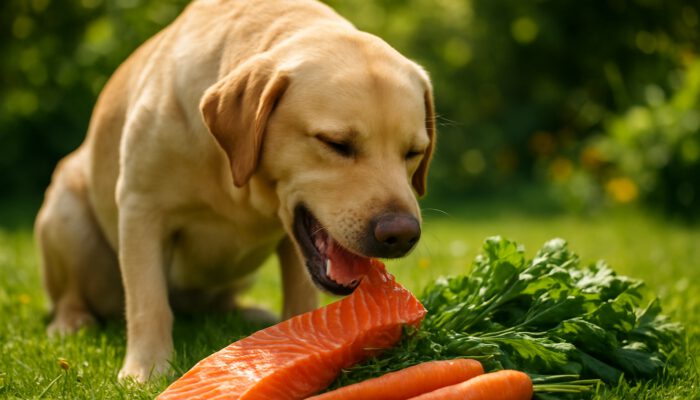 Joyful Labrador enjoying raw salmon and vegetables in a sunny garden, promoting natural pet wellness