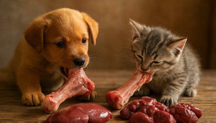 Playful puppy and kitten chewing on raw bones alongside organ meats on a wooden table.