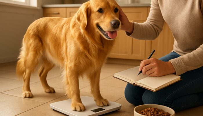 Owner weighs lively golden retriever on scale while inspecting coat in sunlit kitchen