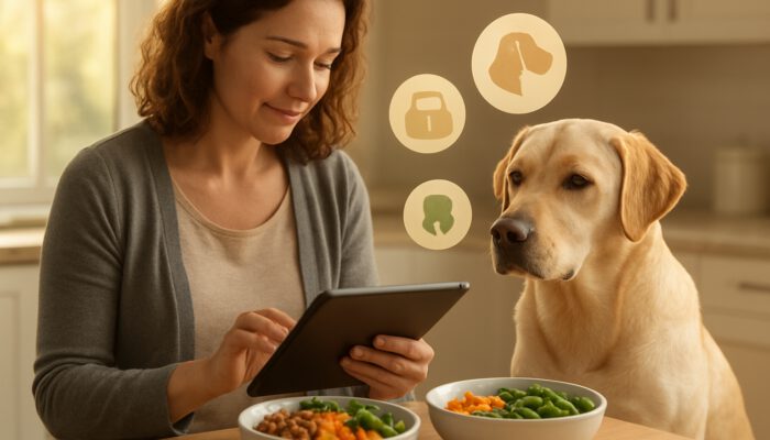Owner reviews Labrador health data on tablet next to tailored nutrition bowls in kitchen