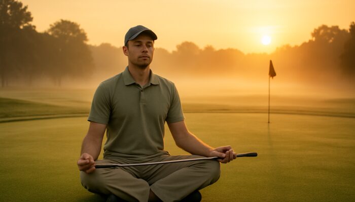 Golfer meditating at dawn on a misty green to enhance mindfulness and concentration